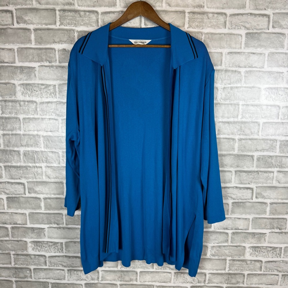 Misook Woman Blue Knit Open Front Cardigan Black Trim Longline 2X